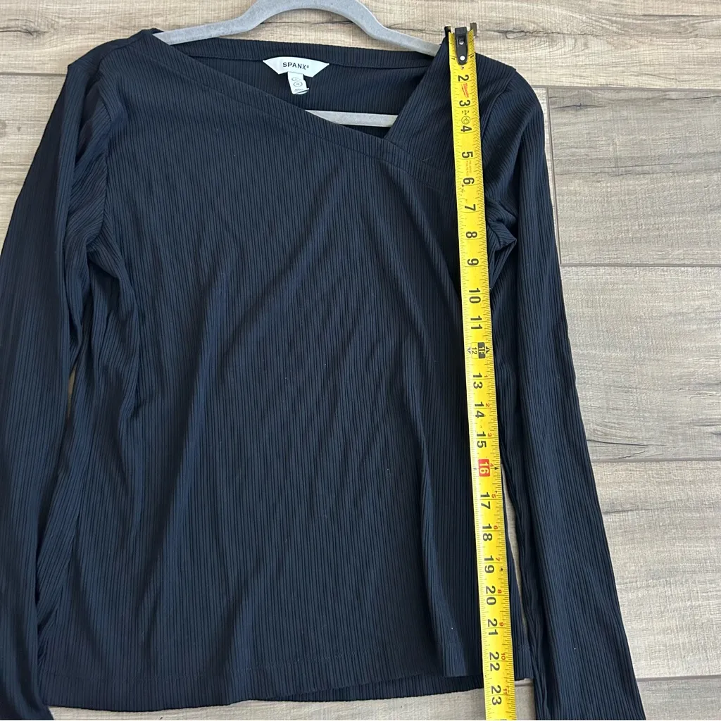 SPANX Black Asymmetrical Ribbed Long Sleeve Fitted Top L - Image 5