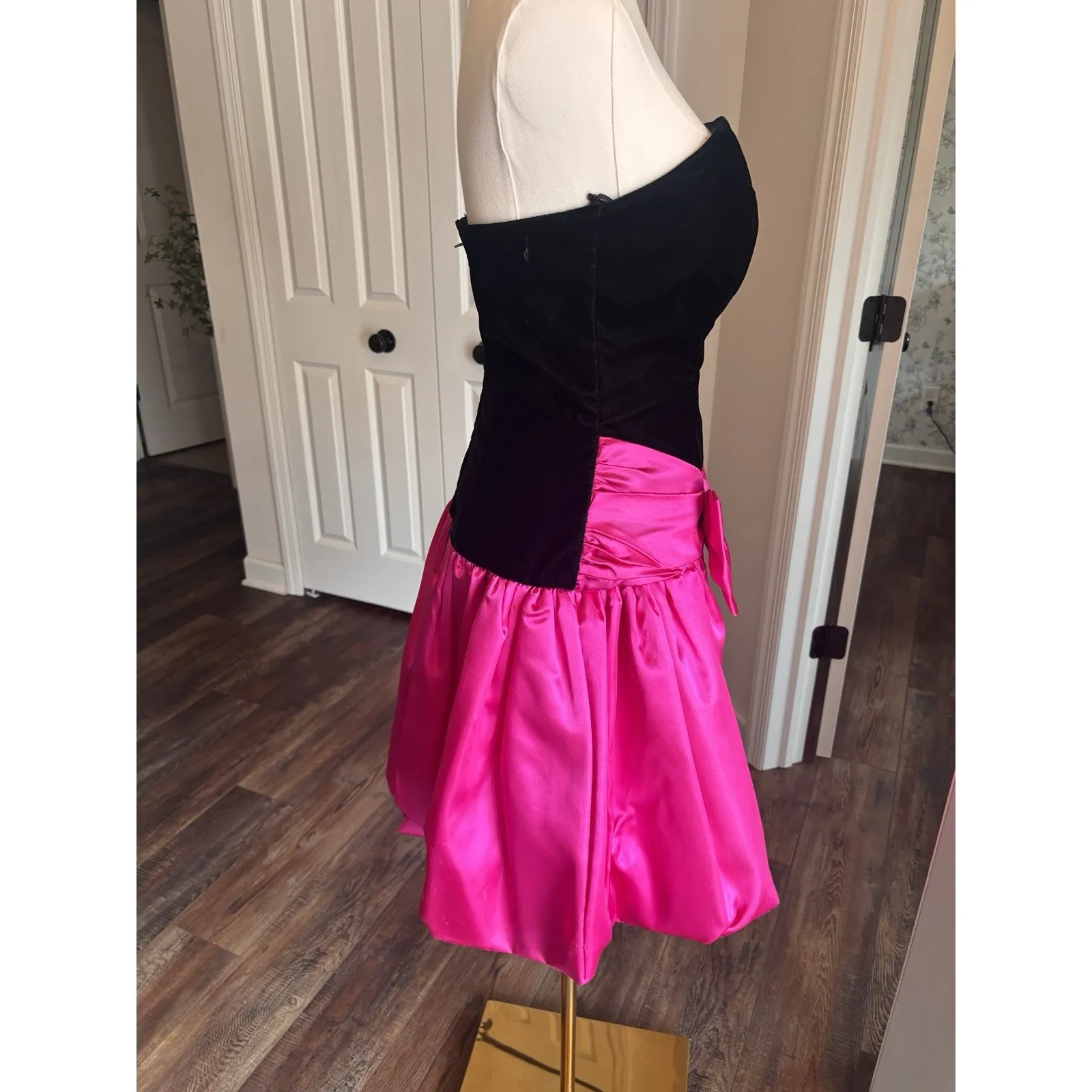 Vtg Scarlett Nite Prom Dress Pink Black Velvet Short Bubble Strapless Bow 7/8 - Image 4