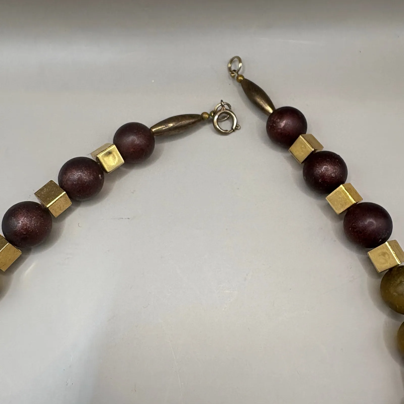 VTG Necklace Beaded Costume Statement Chunky Earthy Gold Tone Hearts Boho - Image 6