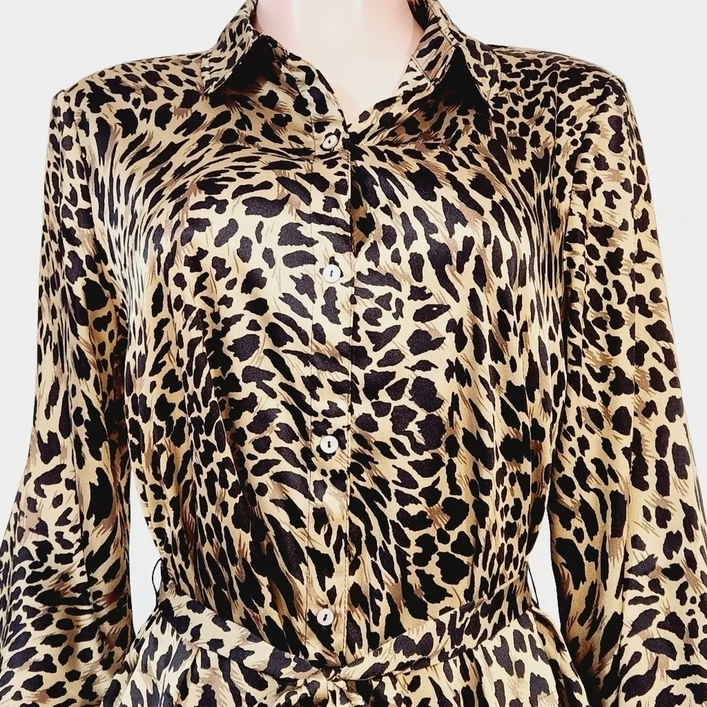 Susan Graver Women's Animal Print Button-Down Long Sleeve Belted Dress Size M - Image 2