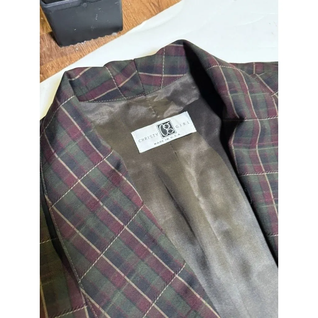 Vintage Christy Girl Blazer 12 tartan Plaid Single Button‎ 90s green wine - Image 3