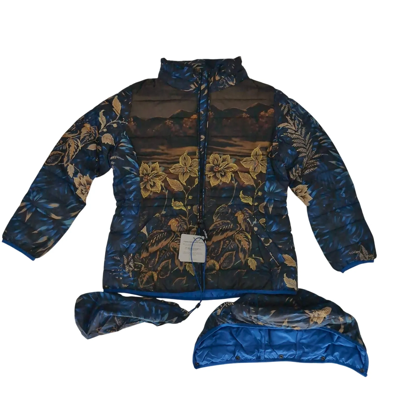 Desigual Blue Floral Puffer Padded Women's Ankor Jacket w Hood - US Size M - NWT - Image 6