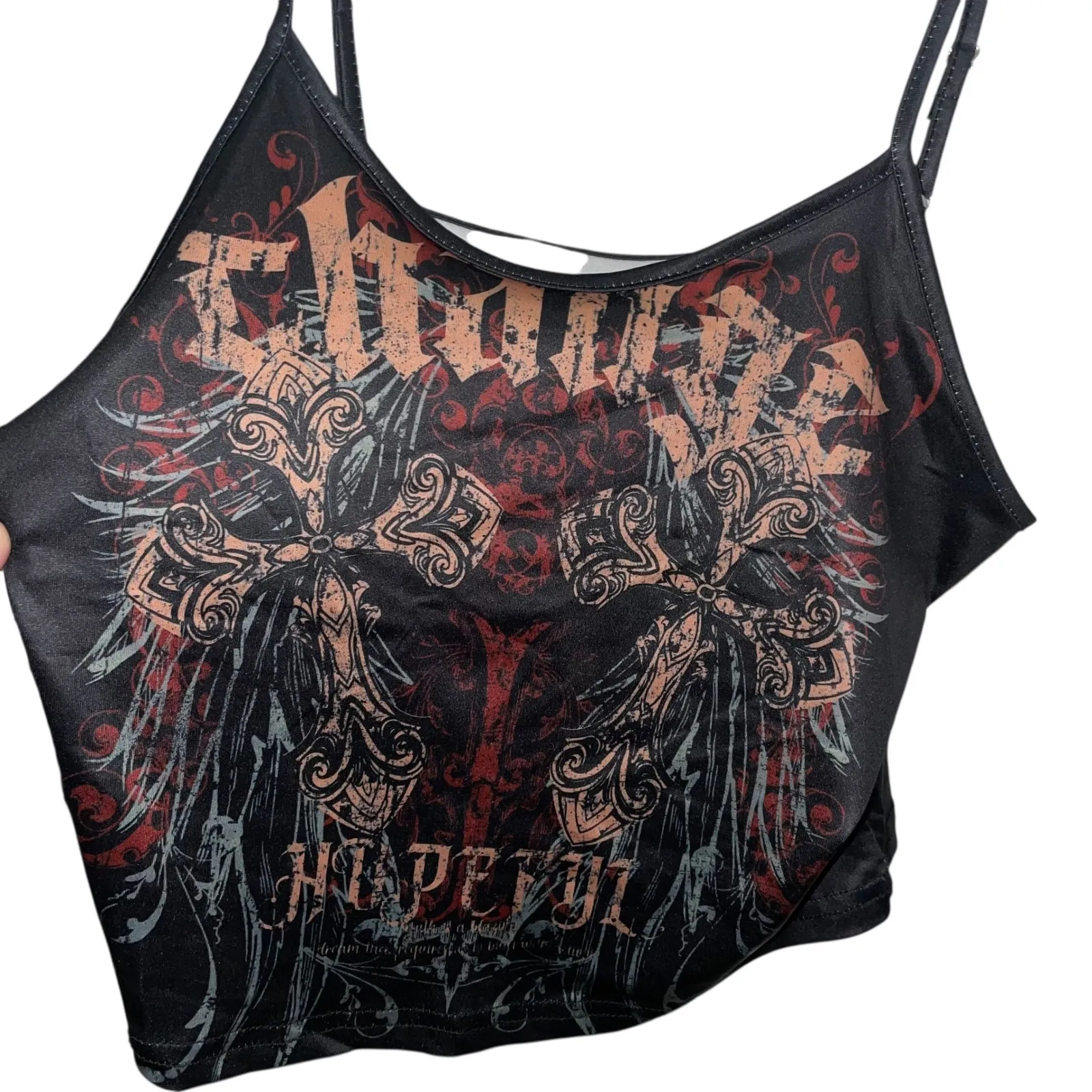 Goth Grunge Graphic Crop Tank Top Women's Black Rhinestone Wings Crown Heart Size M - Image 3