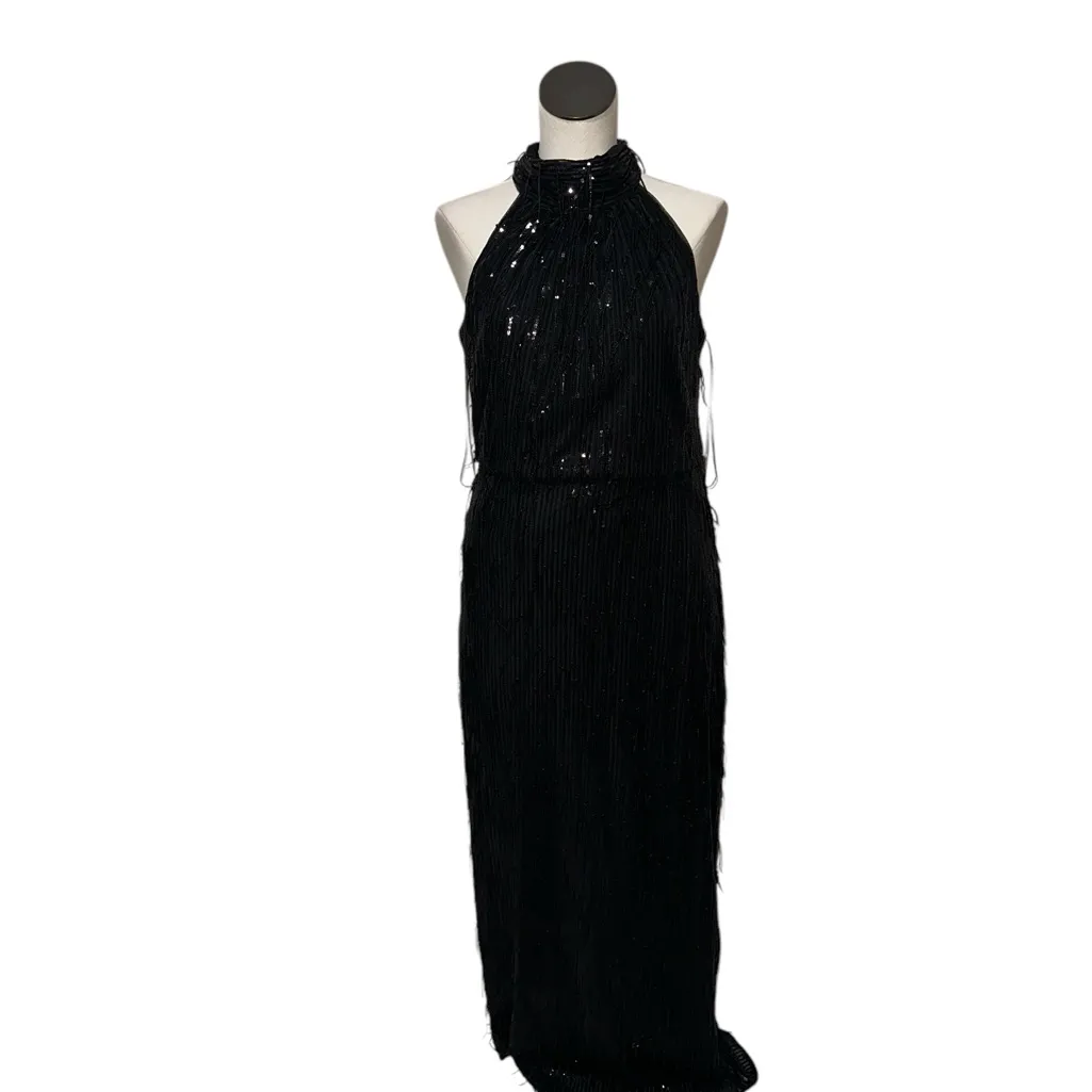 NEW R&M Richards Embroidered Sequin Fringe Column Mock Neck Halter Dress Wedding - Image 7