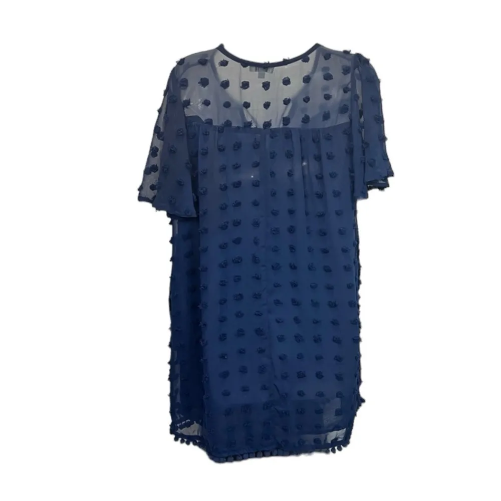 Umgee Swiss Dot Smocked Bodice Dress Size S Pom Pom Blue - Image 3