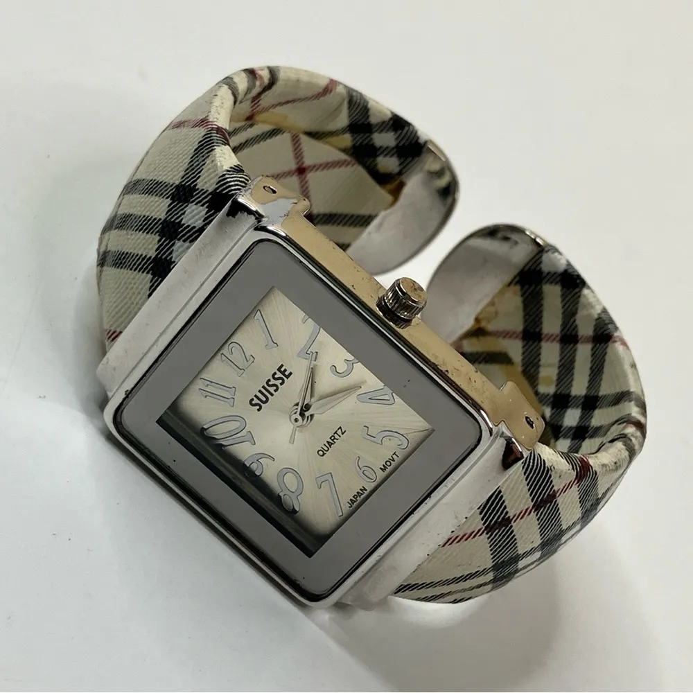 Suisse | Vintage CW32 Plaid Stainless Steel Cuff Bangle Watch SMALL - Image 2