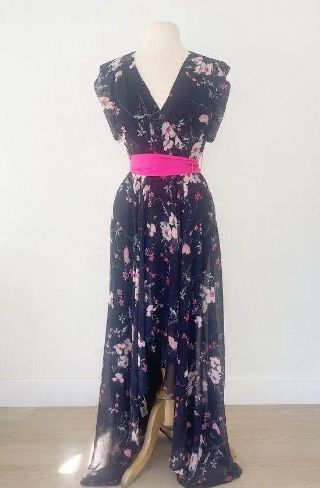 Eliza J Hi-Low Faux Wrap Belted Floral Navy Pink Maxi Dress | 2 - Image 4