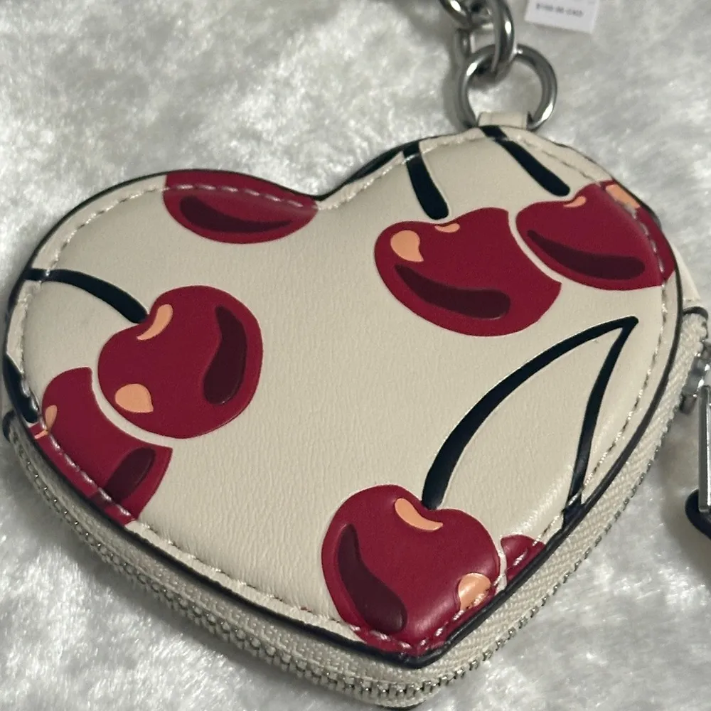 Heart Coin Pouch Bag Charm With Cherry Print - Image 3