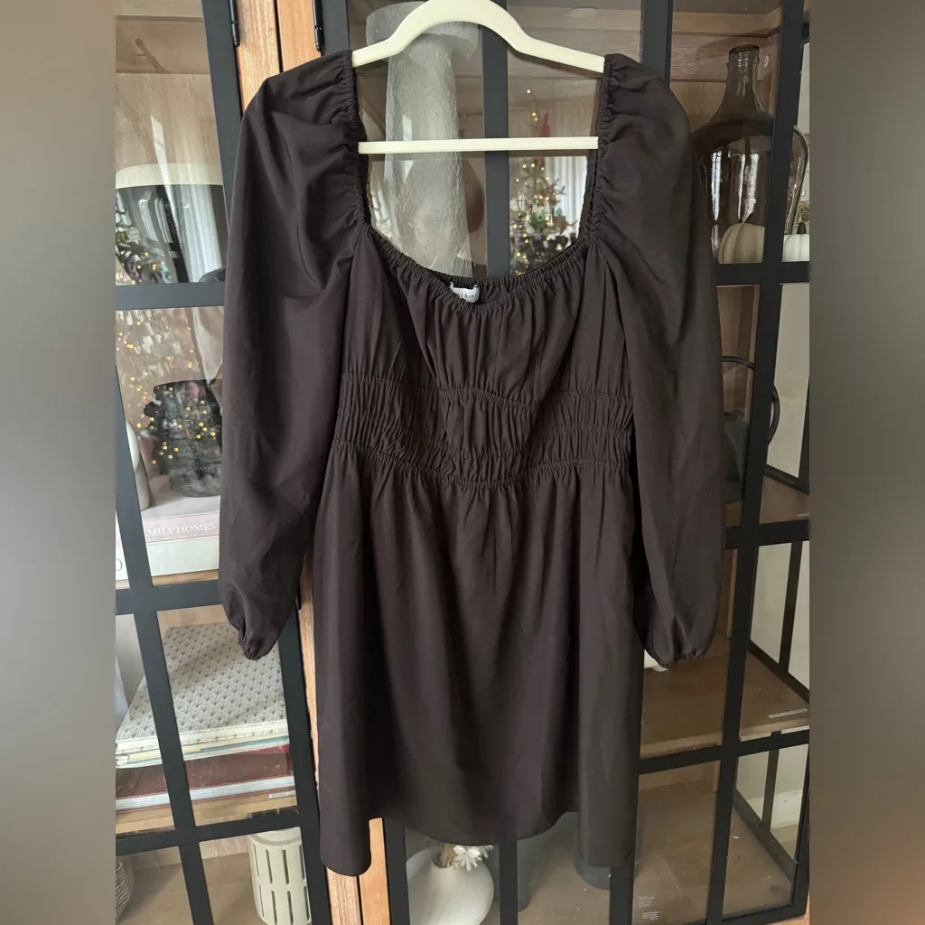Gianni Bini mini dress long sleeve babydoll shirred espresso chocolate - Image 2