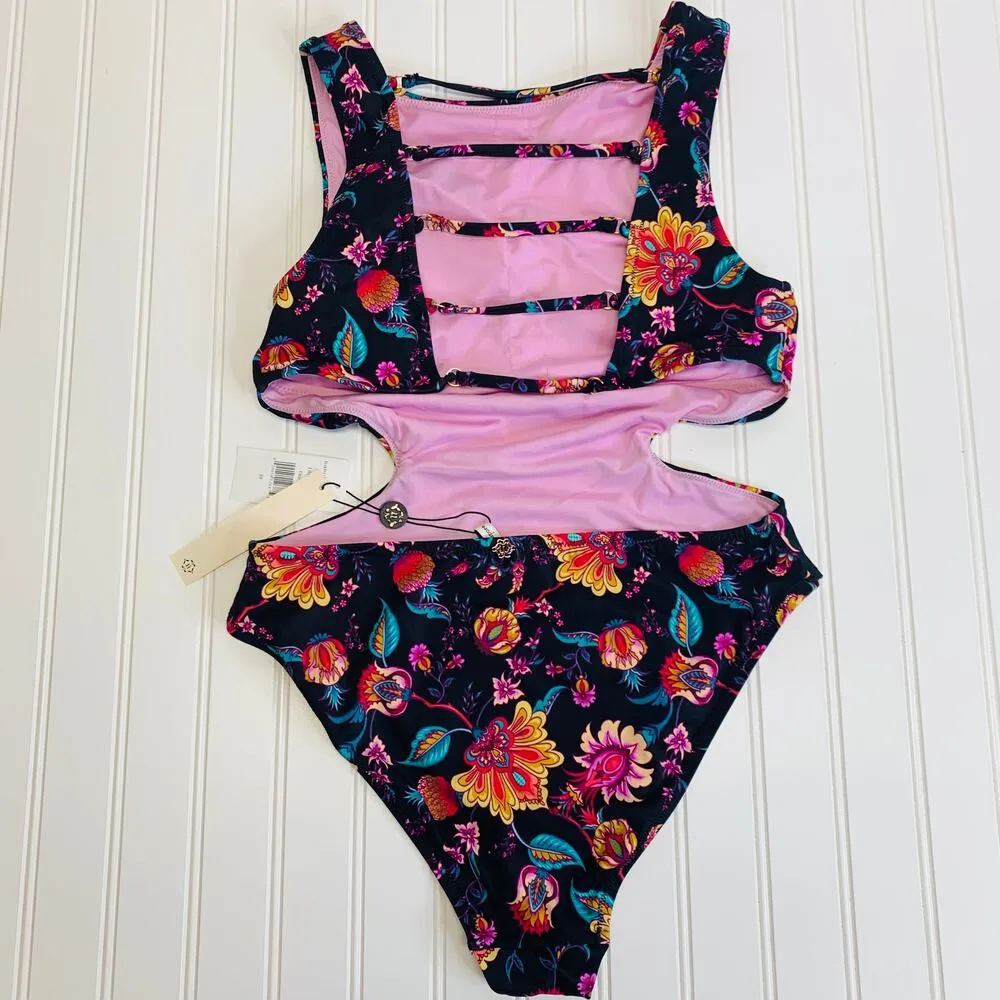 Nanette Lepore NWT 1 Piece Swimsuit Floral Black Pink Sz 10 - Image 3