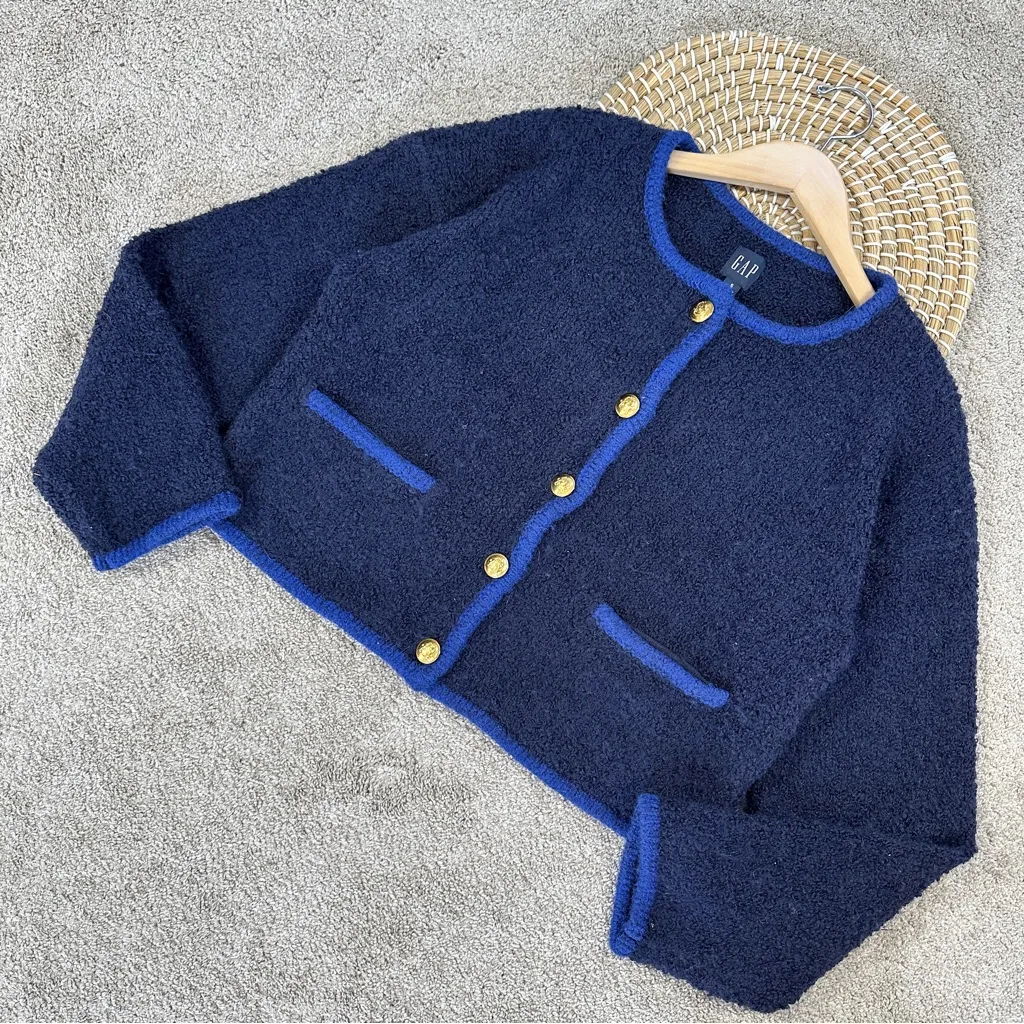 GAP Women’s Boucle Cropped Sweater Jacket Wool Alpaca Blend in Navy Combo S - Image 3