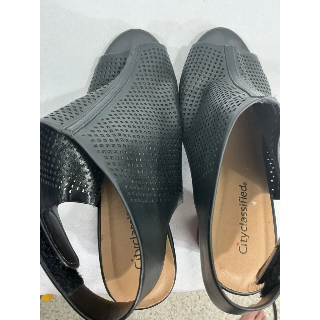 Womans City Classified Size 9 Black Faux Leather Peep Toe Sling Back Heel Shoes - Image 6