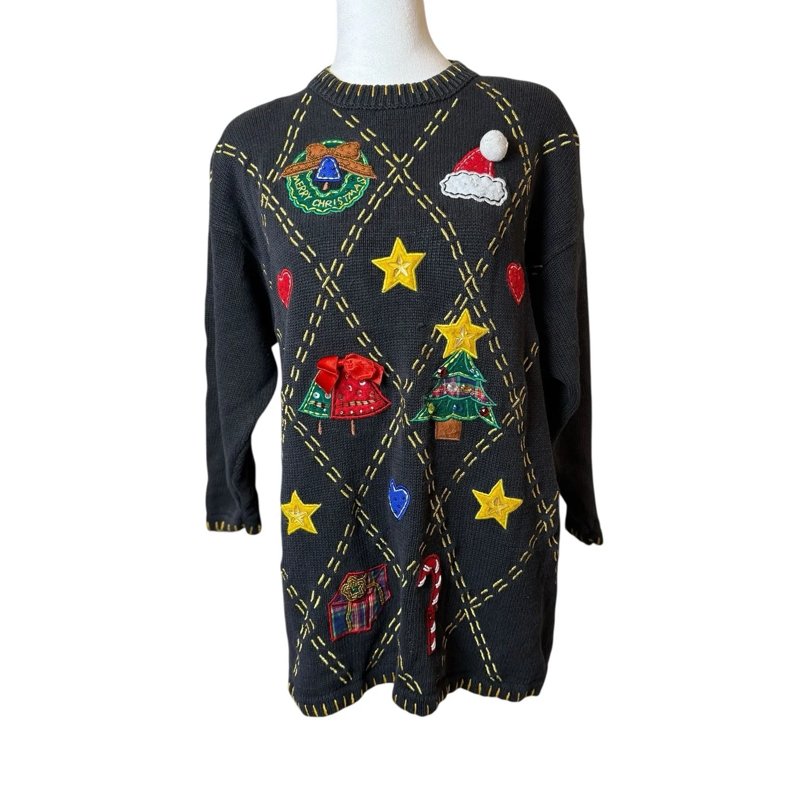 Vtg Womens Christmas Sweater Large Victoria Harbour Holiday Appliqué Embroidered Black - Image 2