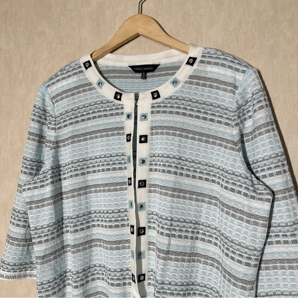 Ming Wang Women’s Knit Cardigan Sweater 7/8 Sleeve Preppy in Stripe Blue 1X - Image 2