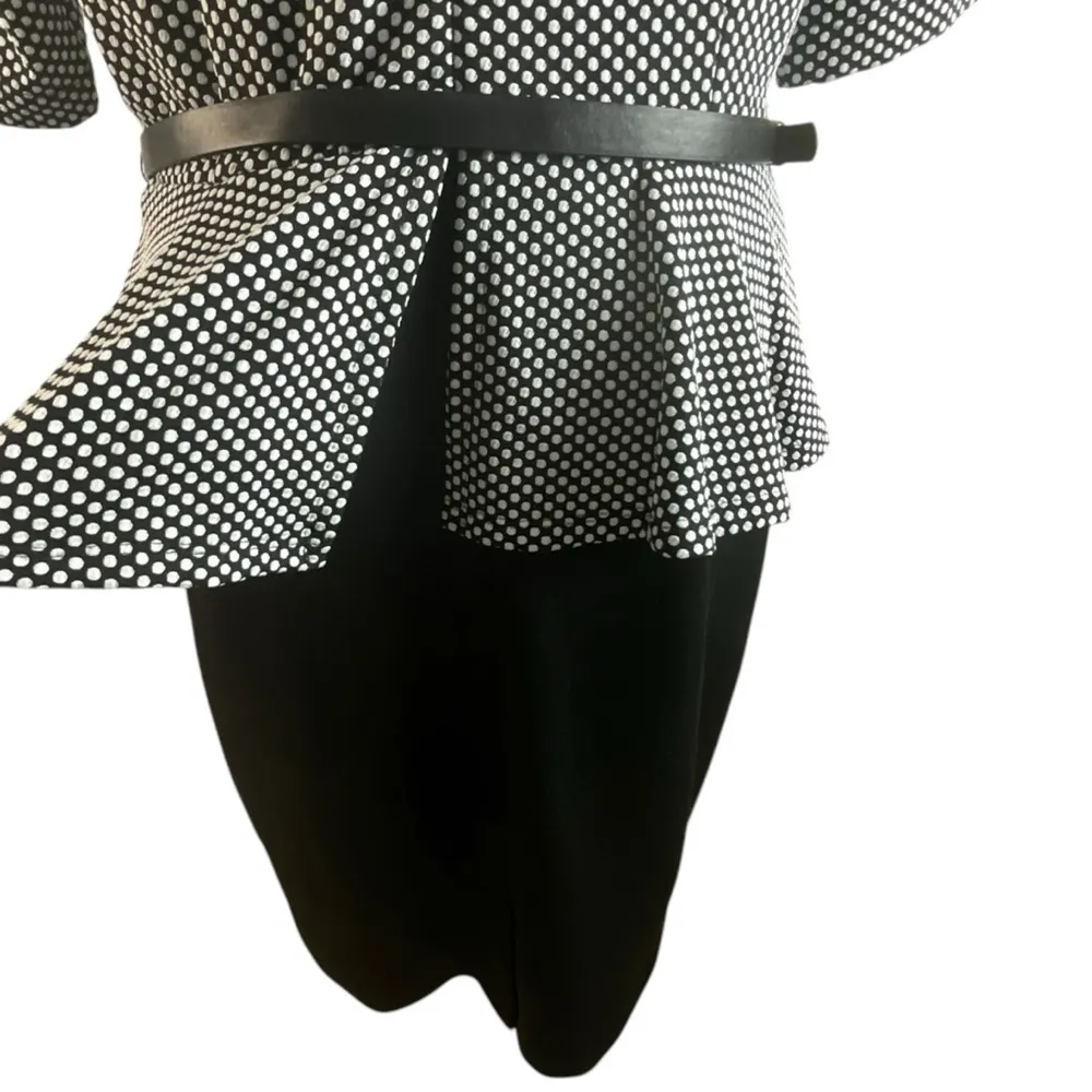 Connected Black and White Polka Dot Belted Zip Back Peplum Dress - Image 9