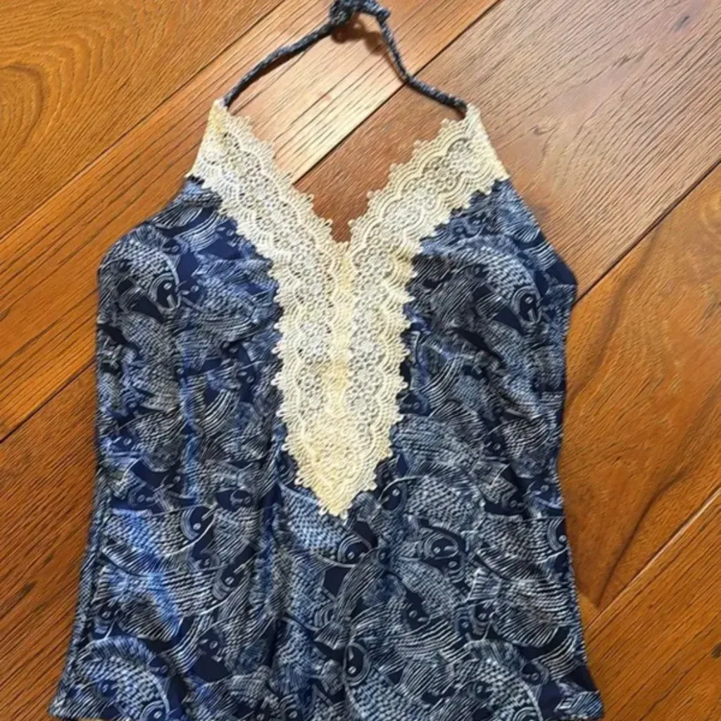Anthropologie One Piece Blue Fish And Lace Swimsuit - Image 3