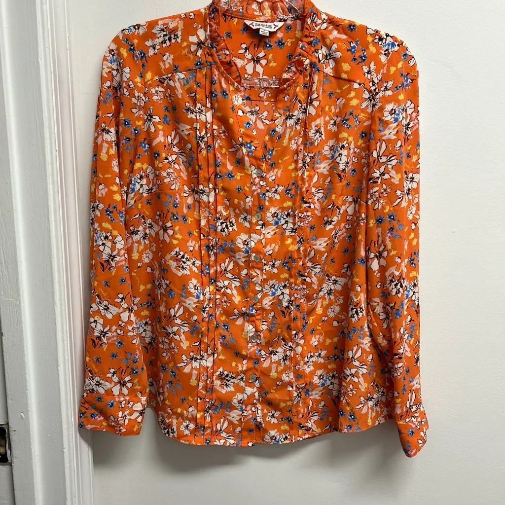 Nanette Lepore Orange Floral Pintuck Button Down Shirt - Image 2