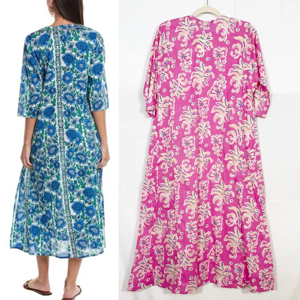 Ro’s Garden Cotton Classic Kurta Long Midi Maxi Dress Kazo Pink Floral Bohemian Size XS - Image 3