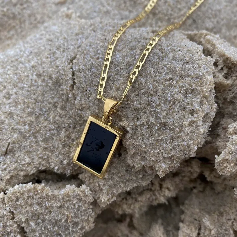 Black Onyx Necklace, Gold Layered Necklace, Figaro Chain Necklace - Image 3