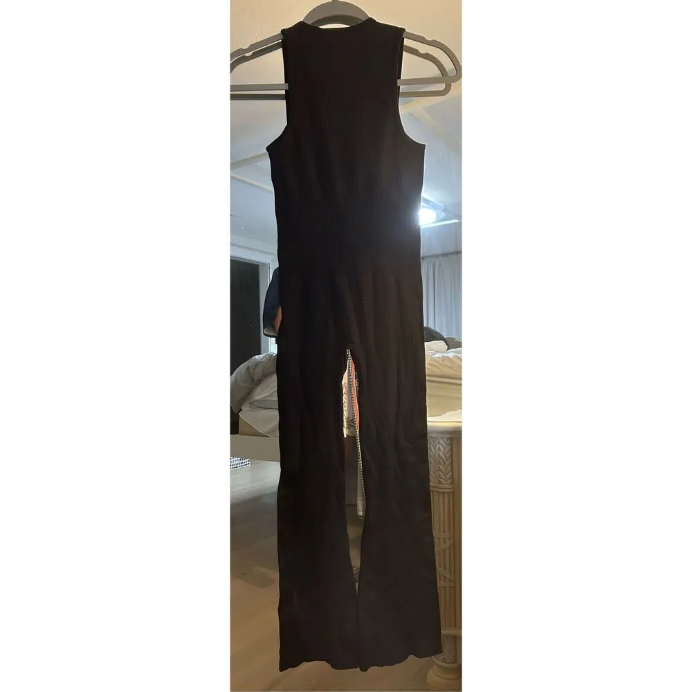 NEW Yoga Jumpsuit Workout Ribbed Square Neck Long Sleeve Sport Jumpsuit M Black Size M - Image 2