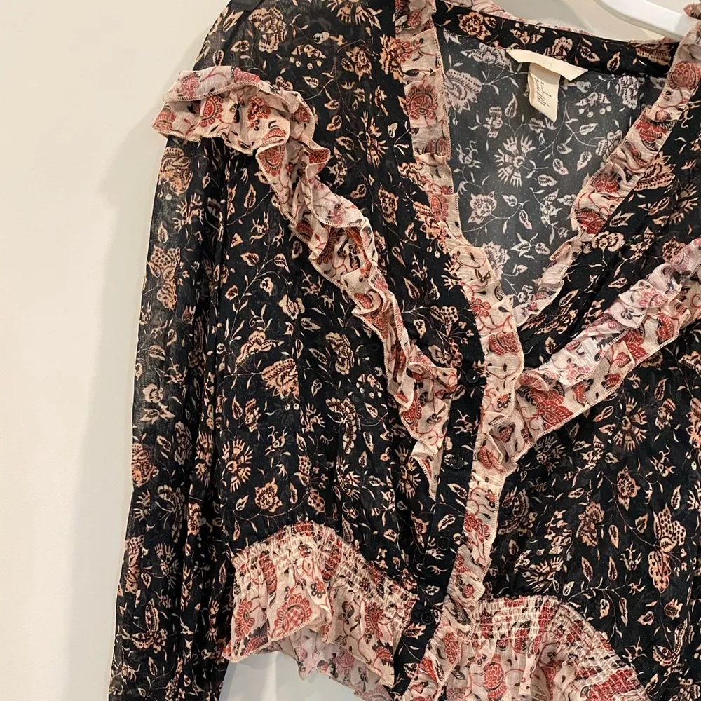 H&M boho cottagecore ruffle smocked long sleeve floral blouse top navy pink - Image 3