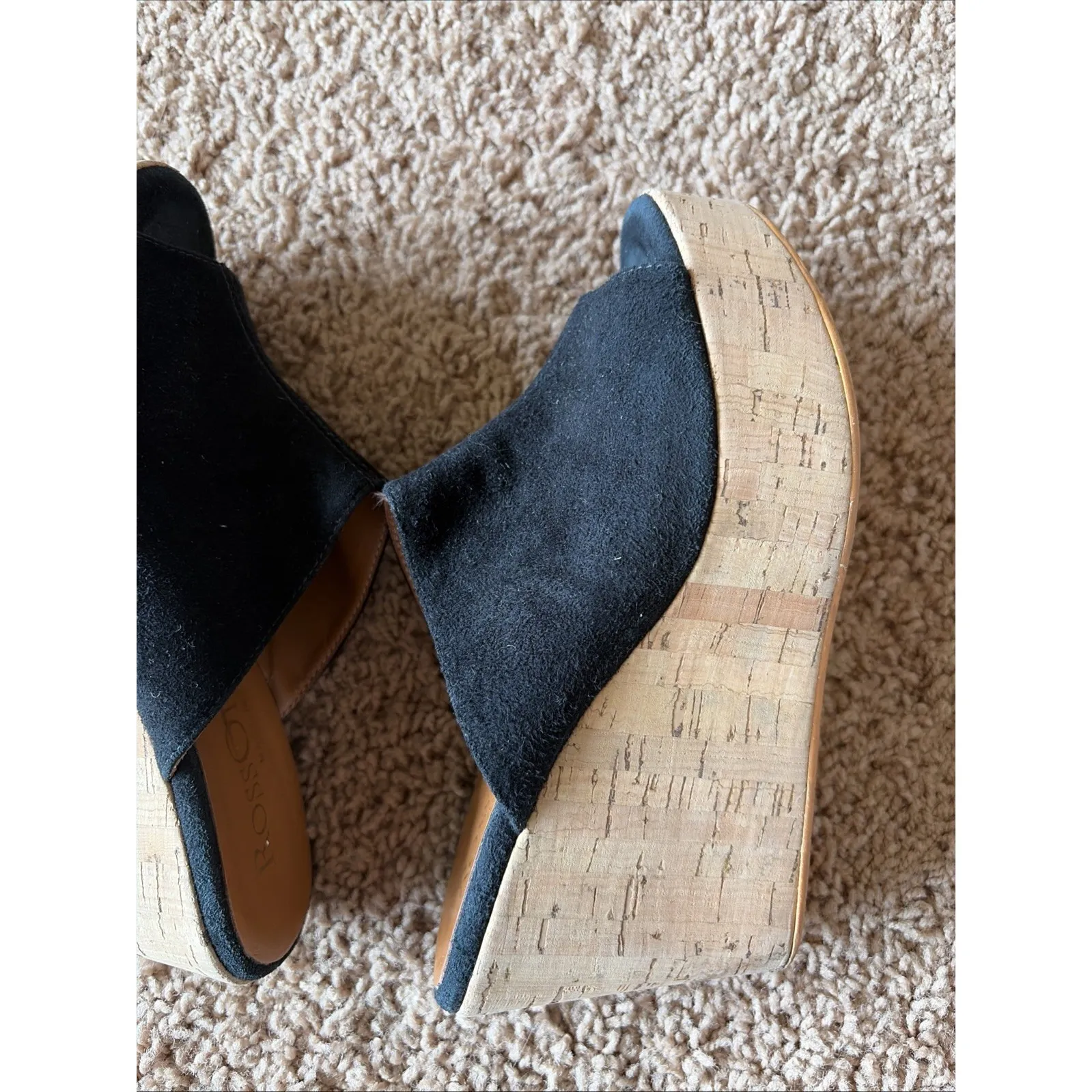 RossOro Classic Black Suede Leather Cork Wedge Mule Sandal Shoes Italy EU 35 Size 5 - Image 9