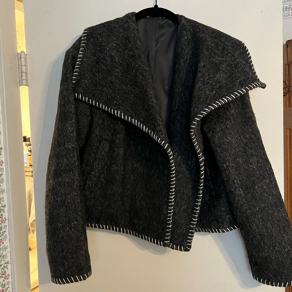 Anthropologie Wool Blend Collared Black Jacket with White Stitching - Image 7