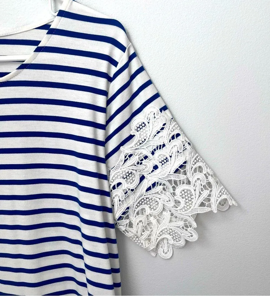 Tommy Hilfiger Blue and White Striped Dress with Lace Design Size Medium - Image 2