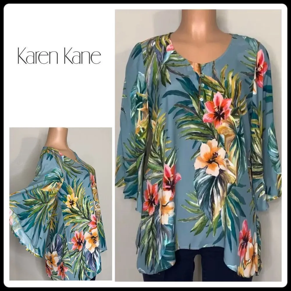 New. Karen Kane tropical print bell sleeve top. Runs big. 4-8 - Image 2