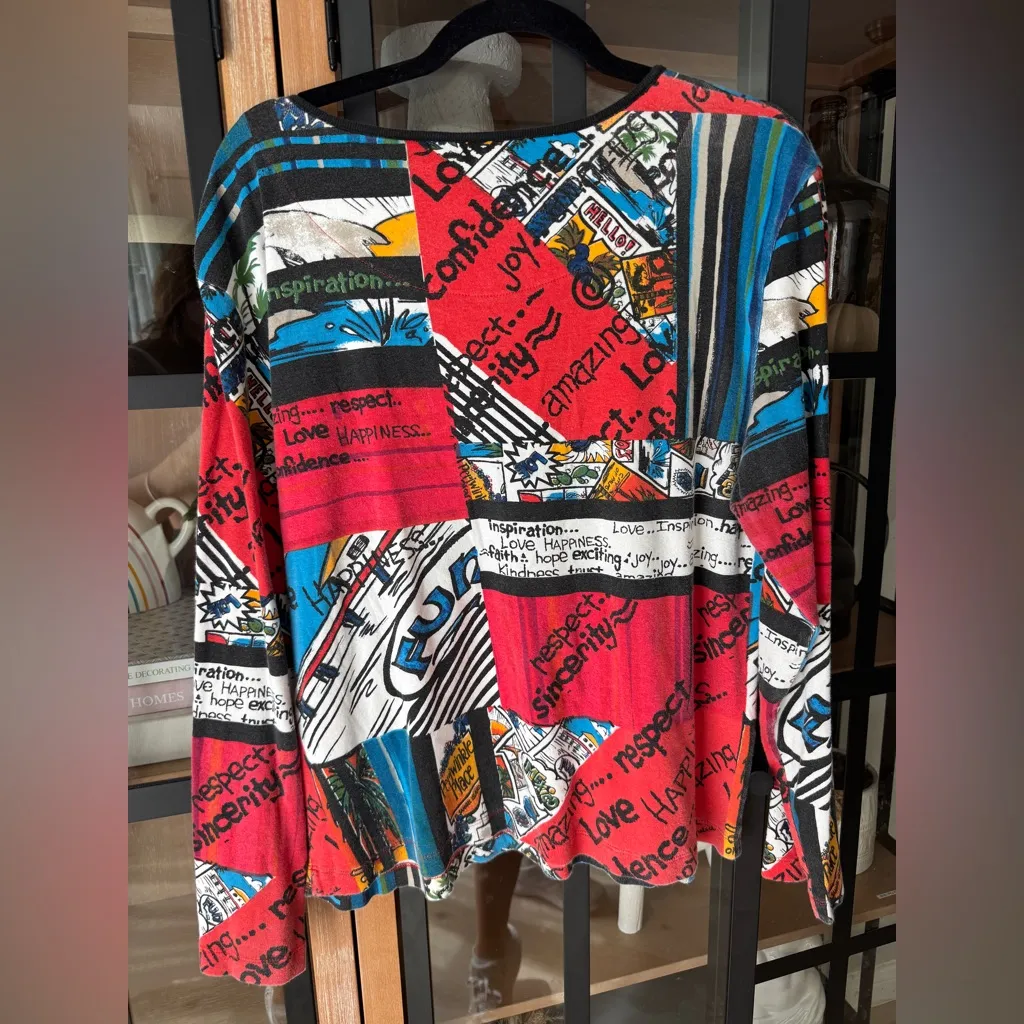 Vintage 2000s y2k Chico’s Art Patchwork Graphic Top Inspirational long sleeve - Image 2