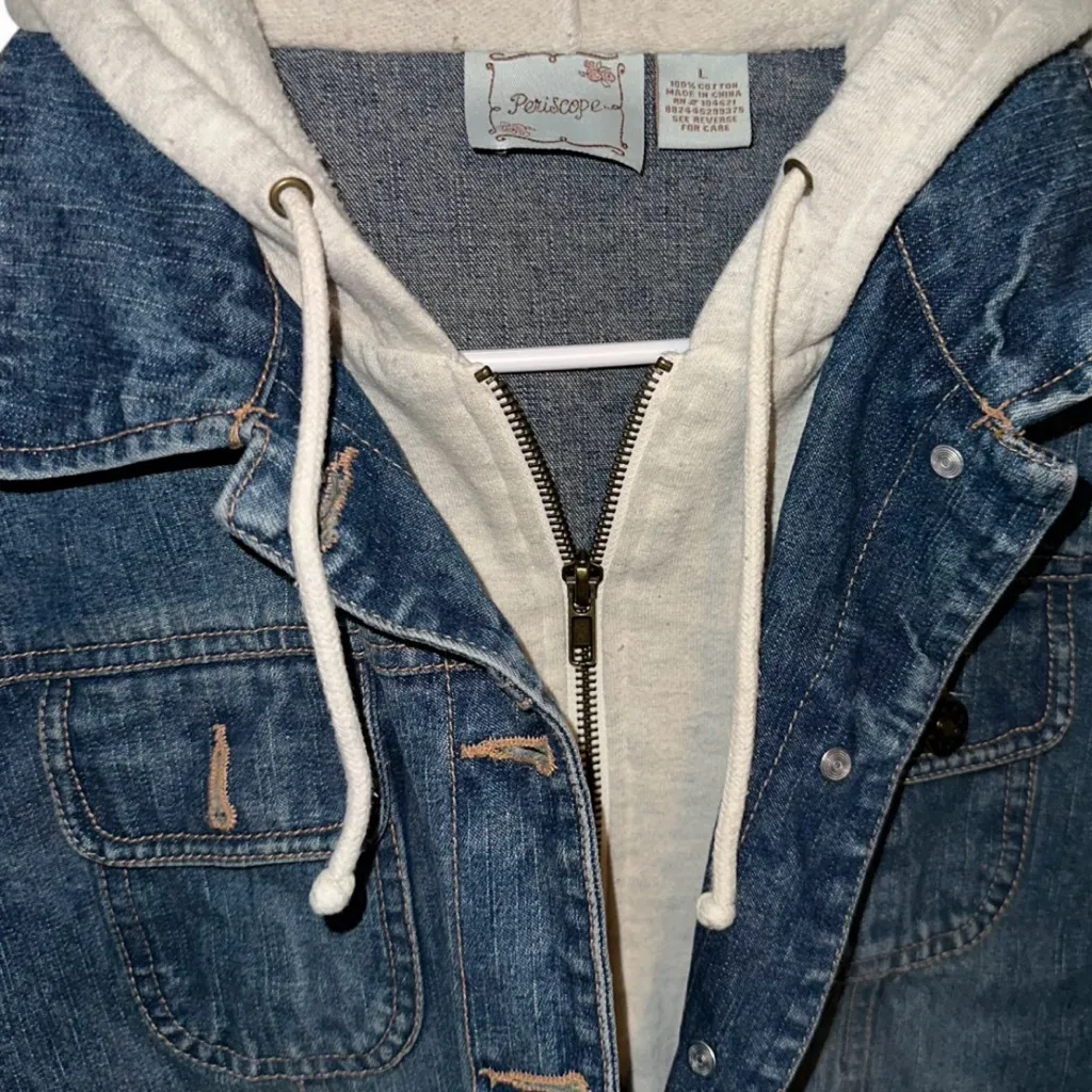 Denim Blue Jean Jacket with Gray Hoodie & Zipper, Button Closure LG. P2P18” L20” - Image 2