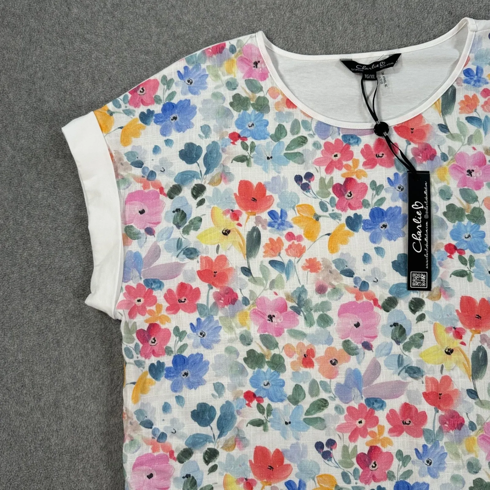 Charlie B Linen Blend Floral Knotted Hip Blouse Size XL Round Neck Cuffed Sleeve White - Image 3