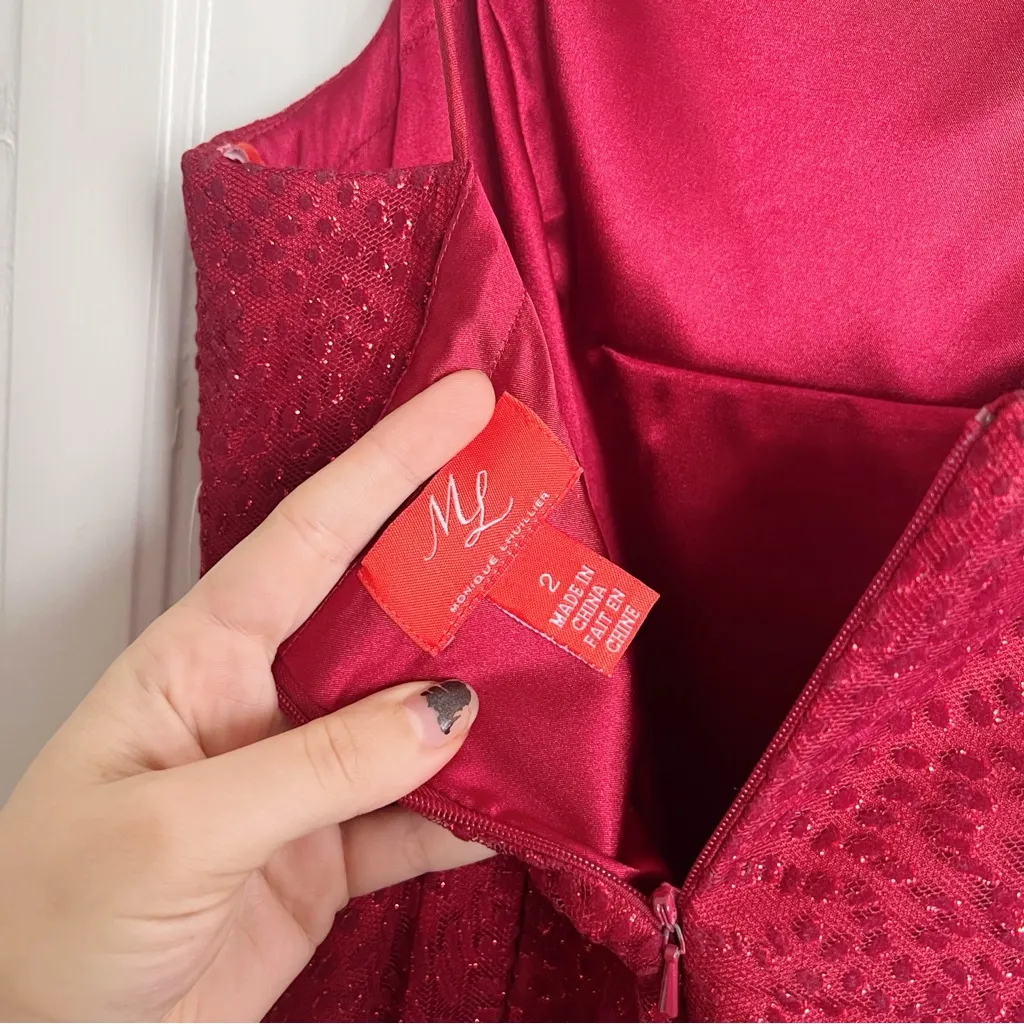 Monique Lhuillier • Square Neck Pleated Dress fit & flare red dotted tulle mesh - Image 7