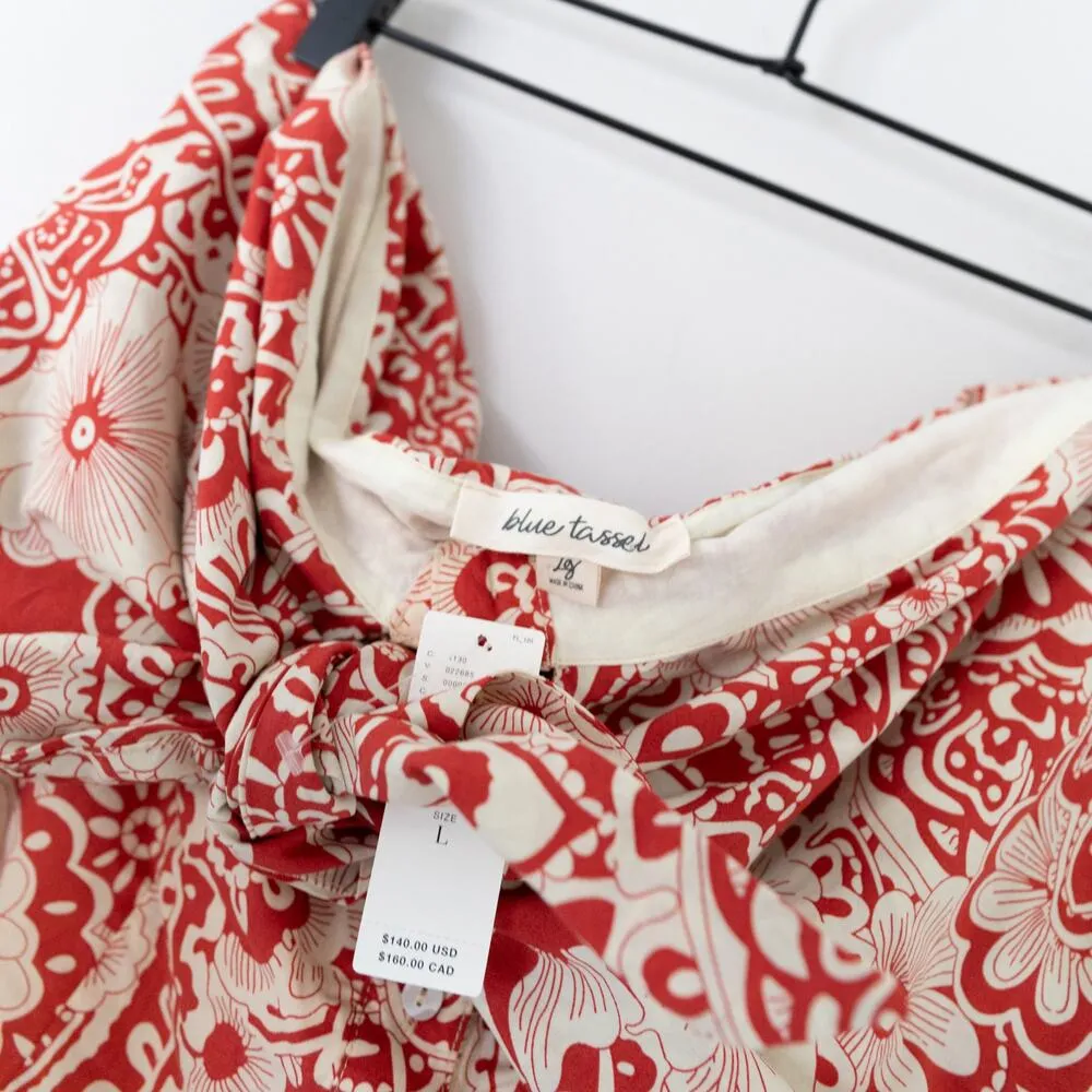 Anthropologie Blue Tassel Red Paisley Print Strapless Mini Dress Size Large - Image 6