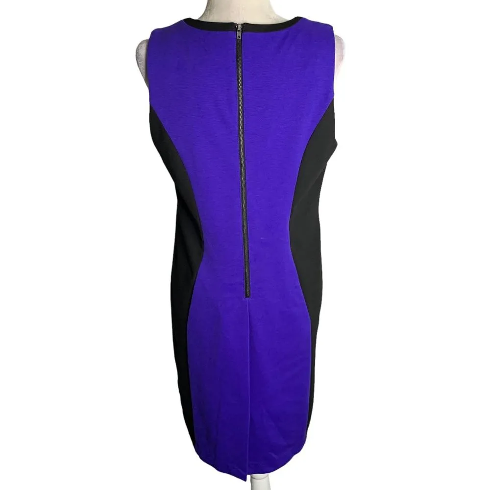 Ellen Tracy Colorblock Sheath Dress 8 Blue Black Lined Sleeveless Zip Round Neck - Image 4