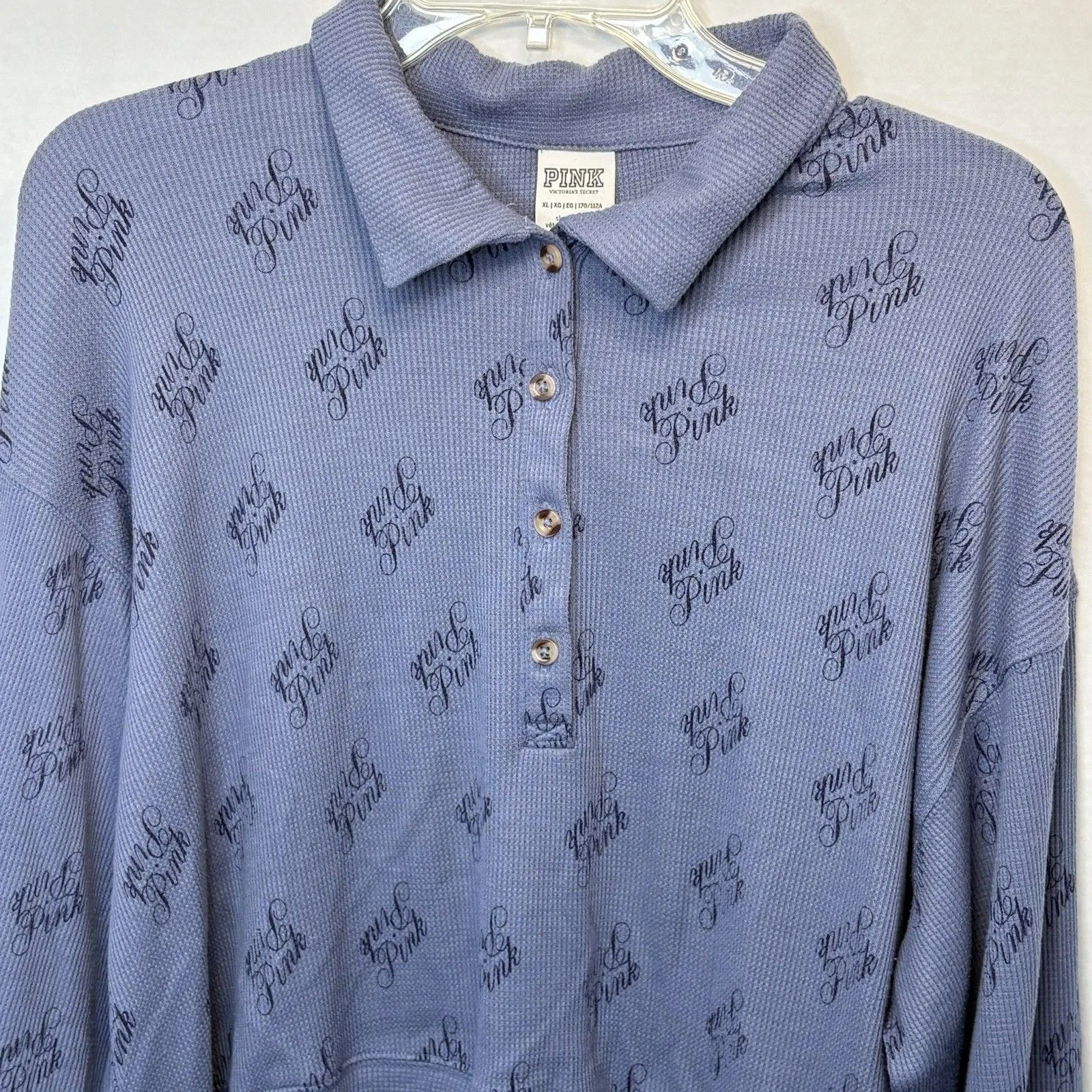 Womens Victorias Secret Pink Sleepwear Blue Crop Top Waffle Knit Long Sleeve XL - Image 3