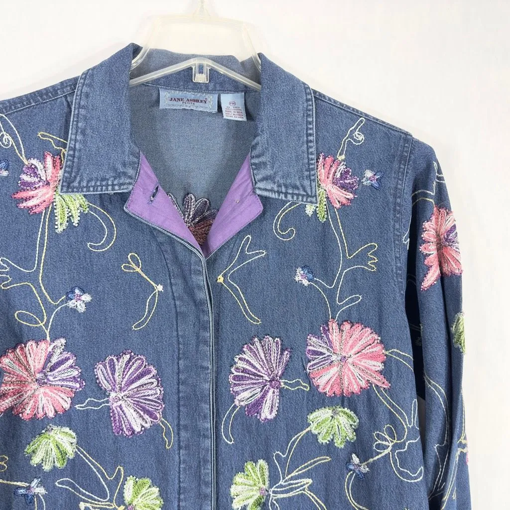 Jane Ashley Medium Petite Top Shacket Beaded Denim Blue Embroidered‎ Button 1480 - Image 4