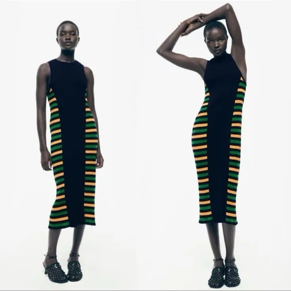 Zara Black Knit Ribbed Stretchy Bodycon Midi Dress Side Stripes Size Small S - Image 2