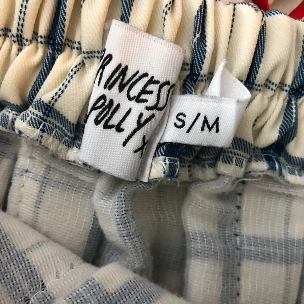 Princess Polly Mini Skirt Pleated Schoolgirl Plaid Pull On Ivory Blue S/M - Image 3