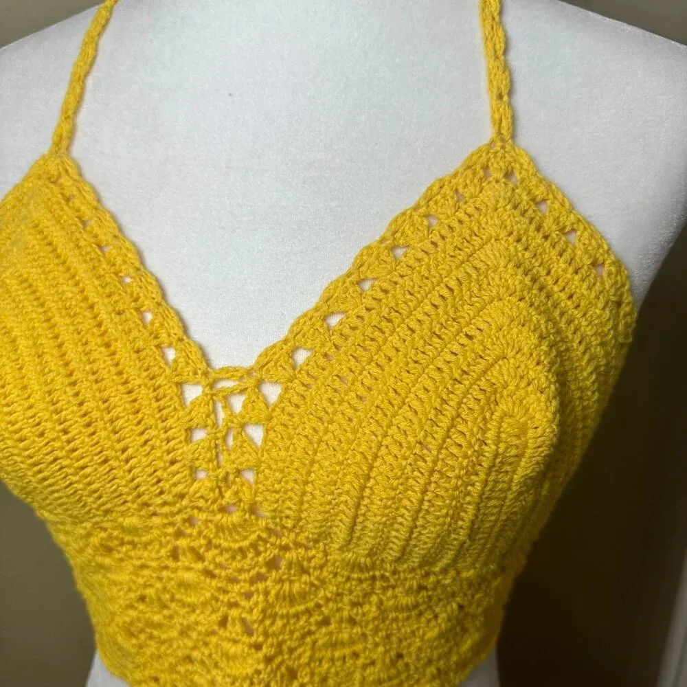 HANDMADE Yellow Crochet Halter Bralette Crop Top - one size - Image 3