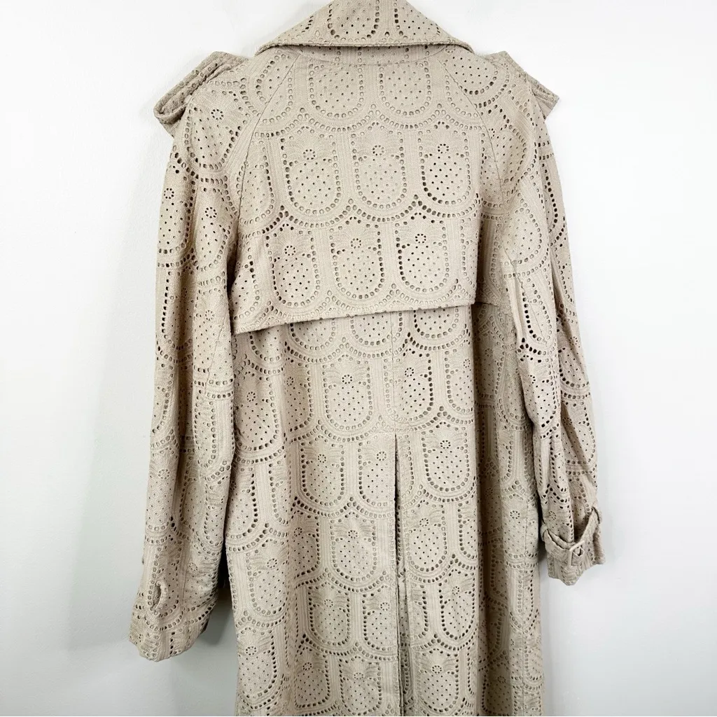 Farm Rio Pineapple Eyelet Trench Coat Womens XS Tan Khaki Cotton Button Front - Image 11