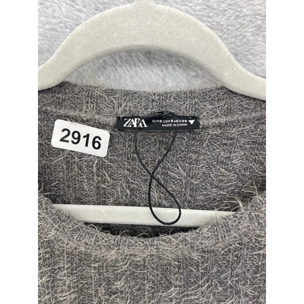 Zara Women's Sweater Furry Solid Gray Size Small Ribbed Long Sleeve Round Neck - Image 10