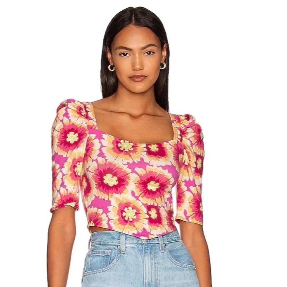 FREE PEOPLE Give‎ Me More Floral Crop Top Puff Sleeve Crisscross Back Small - Image 15