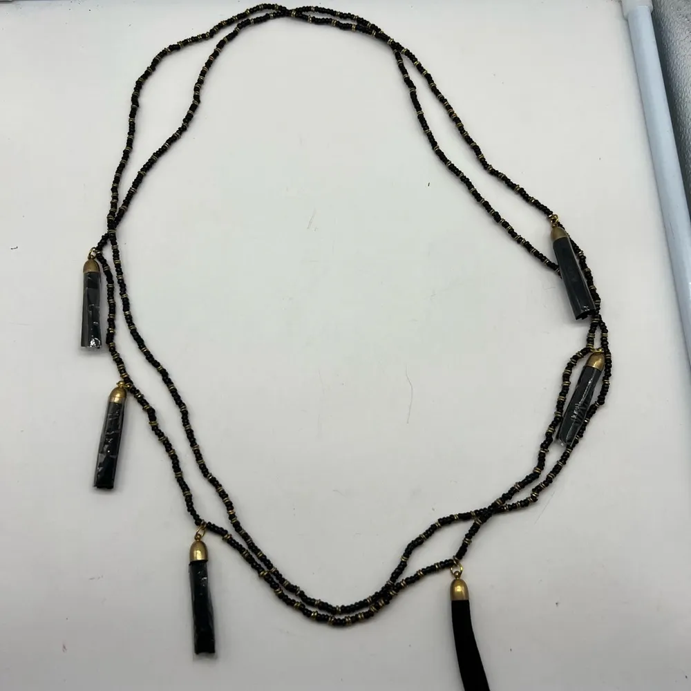 NEW black and gold beaded lariat necklace with five black tassels - Image 14