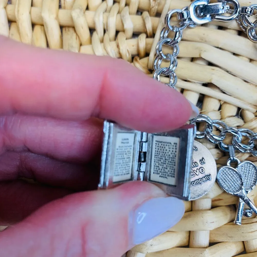 Silver Charm Bracelet Monet  w Charms Tennis Bible Spaceship Letter Orlando - Image 7