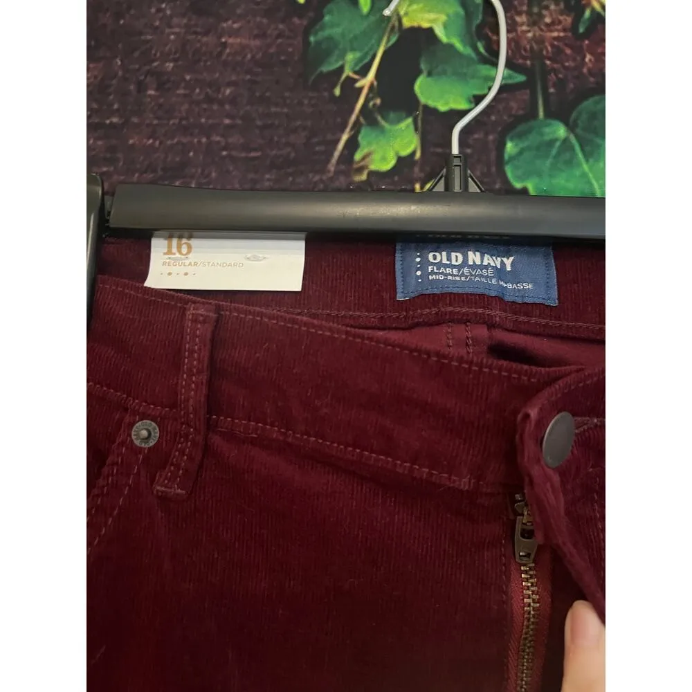 Old Navy Mid Rise Flare Ankle Corduroy Pants Women's 16 Maroon Red Stretchy NWT - Image 2
