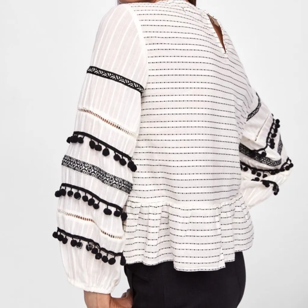 Zara Premium Bell Flare Sleeve Pompom Cotton Boho Stripe Texture Knit Flowy XS S - Image 6