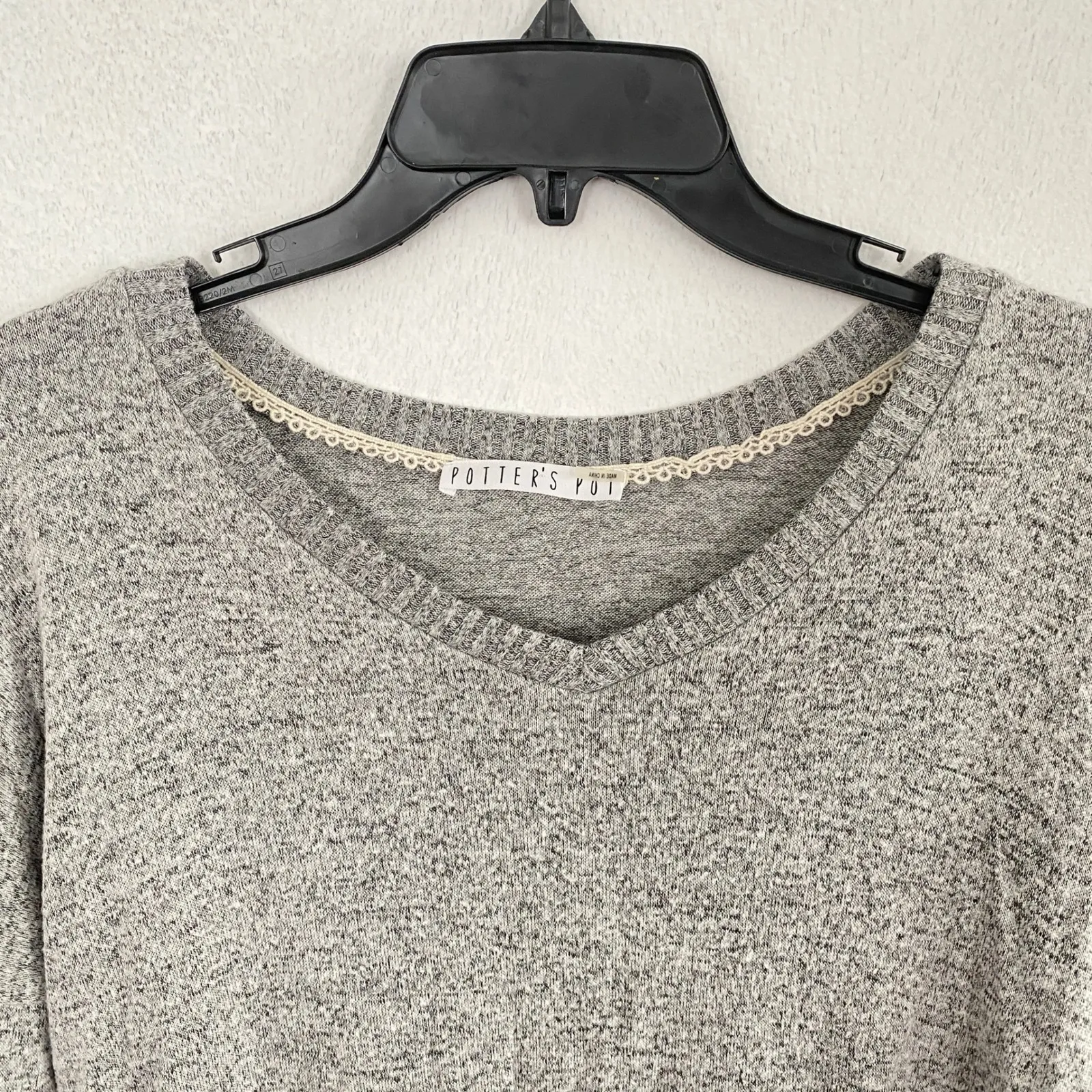 Potters Pot Gray Marled V Neck Lace Trim Long Sleeve Soft Knit Sweater Top M Size M - Image 4