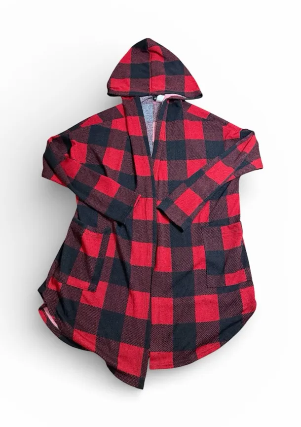 Heimish USA Buffalo Plaid Hooded Cardigan Red Black Checkered Open Front M Size M - Image 1