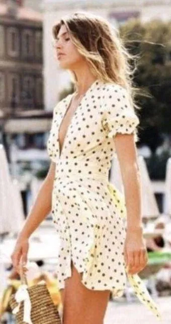 Revolve Faithfull the Brand Vanelli Polka Dot Mini Dress Size Small Tie Waist Button - Image 2